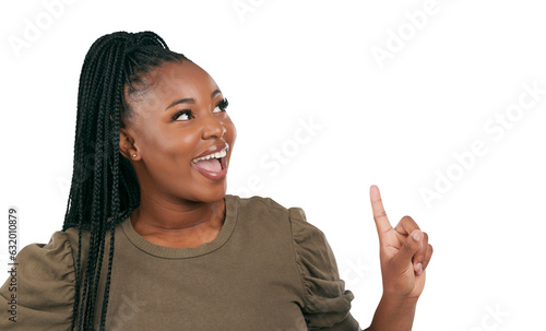 Photography Smile, presentation and deal with black woman and pointing up on png for offer, news or show