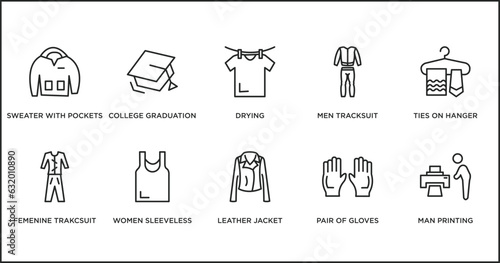 fashion outline icons set. thin line icons such as drying, men tracksuit, ties on hanger, femenine trakcsuit, women sleeveless shirt, leather jacket, pair of gloves vector.