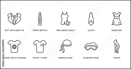 fashion outline icons set. thin line icons such as wellness coach, cloth, hawaiian, t shirt with flowers, white t shirt, pirate scarf, sleeping mask vector.