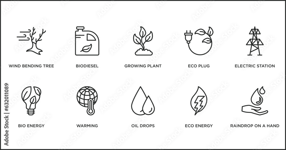 ecology outline icons set. thin line icons such as growing plant, eco plug, electric station, bio energy, warming, oil drops, eco energy vector.