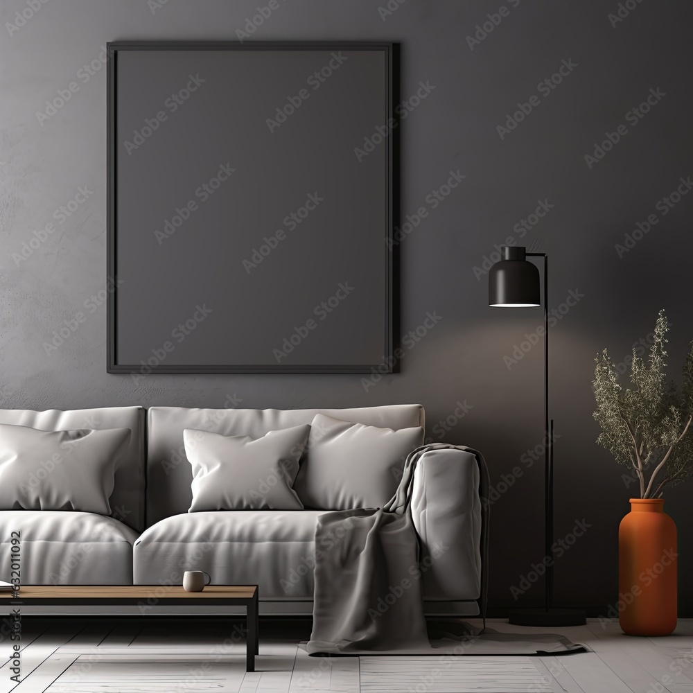 Fototapeta premium beautiful interior design furniture with mockup poster artwork with border frame interior house template for your design clean minimalist style decoration home interior background ideas,ai generate