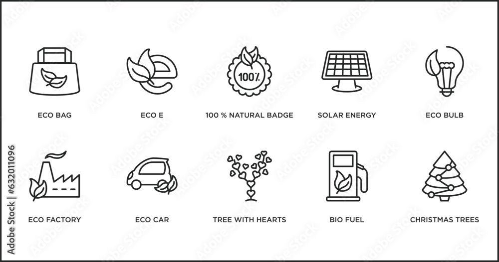 ecology outline icons set. thin line icons such as 100 % natural badge, solar energy, eco bulb, eco factory, eco car, tree with hearts, bio fuel vector.