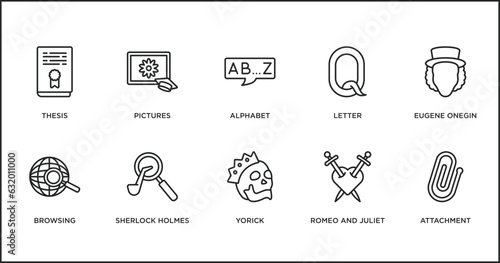 education outline icons set. thin line icons such as alphabet, letter, eugene onegin, browsing, sherlock holmes, yorick, romeo and juliet vector.