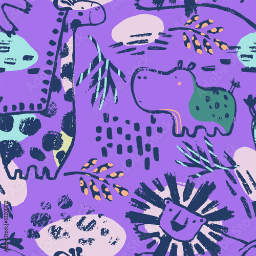 Summer animals tropical seamless pattern. Hand drawn african safari. Beach vacation background design savannah print