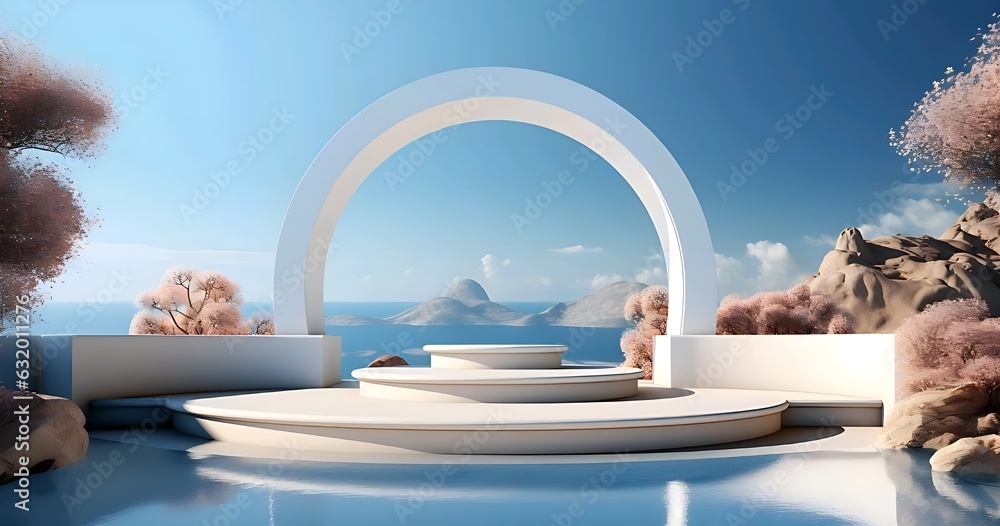 podium pedestal product display with blue sea and sky background. 8k resolution