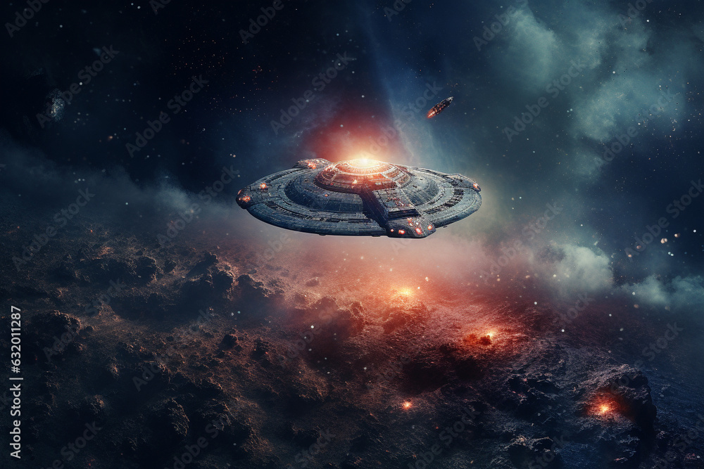 Obraz premium Futuristic Space: Spacecraft Approaching Nebula Generative AI