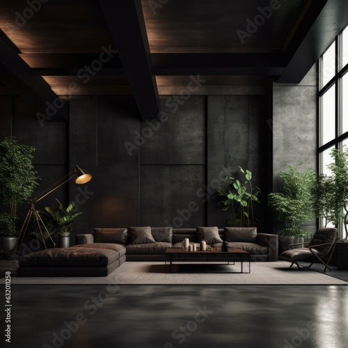 home interior design concept loft interior decorative style living room with double space daylight big window and rustic texture industrial material finish home beautiful,ai generate