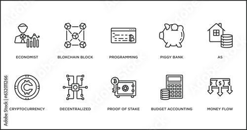 cryptocurrency outline icons set. thin line icons such as programming, piggy bank, as, cryptocurrency, decentralized, proof of stake, budget accounting vector.