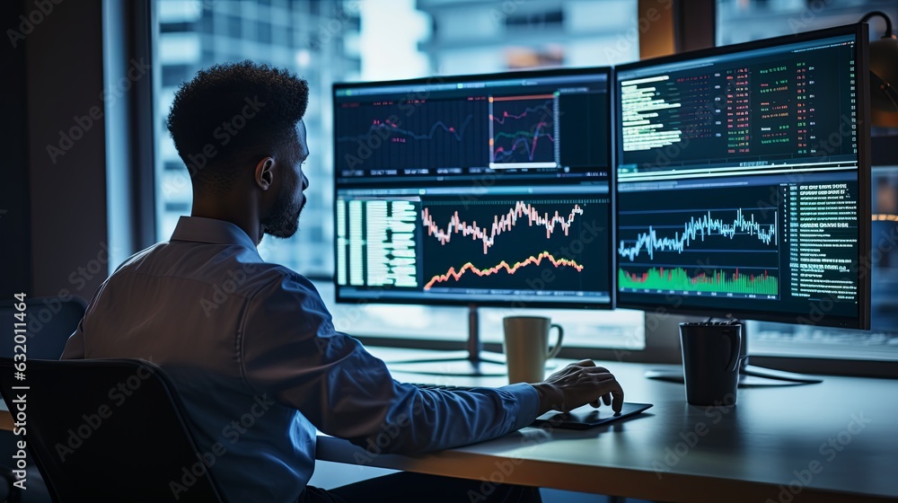 businessman stock financial specialist trader broker working with monitor screen with stock chart and indicator man working hard to make decision for risk and wealth management,ai generate businessman stock financial specialist trader broker working with monitor screen with stock chart and indicator man working hard to make decision for risk and wealth management,ai generate