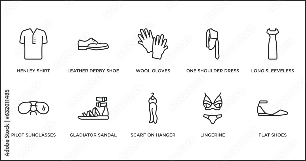 clothes outline icons set. thin line icons such as wool gloves, one shoulder dress, long sleeveless dress, pilot sunglasses, gladiator sandal, scarf on hanger, lingerine vector.