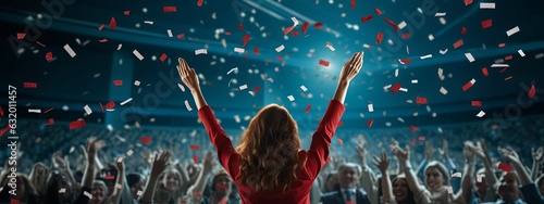 success motivation encourage power support attractive powerful female speaker hand riseup cheering all people in convetion hall to stay strong together with golden glitter confetti paper ,ai generate photo