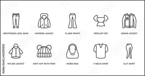 clothes outline icons set. thin line icons such as flare pants, peplum top, denim jacket, nylon jacket, knit hat with pom pom, hobo bag, v neck shirt vector.