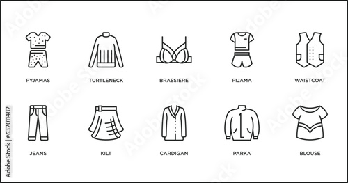 clothes outline icons set. thin line icons such as brassiere, pijama, waistcoat, jeans, kilt, cardigan, parka vector.