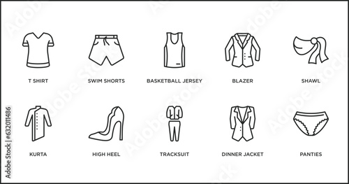 clothes outline icons set. thin line icons such as basketball jersey, blazer, shawl, kurta, high heel, tracksuit, dinner jacket vector.