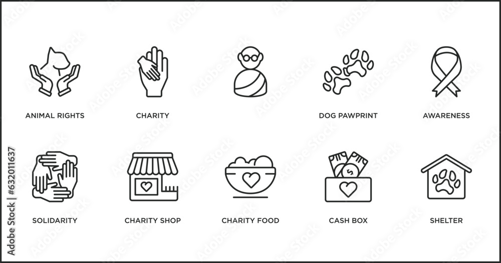 charity outline icons set. thin line icons such as , dog pawprint, awareness, solidarity, charity shop, charity food, cash box vector.