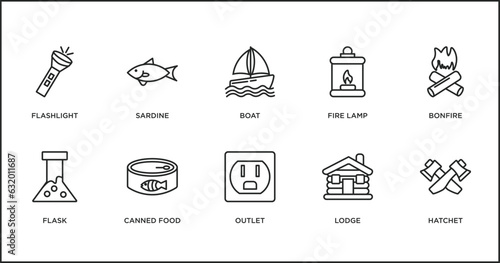 camping outline icons set. thin line icons such as boat, fire lamp, bonfire, flask, canned food, outlet, lodge vector.