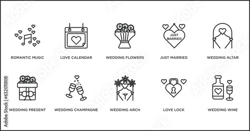 birthday and party outline icons set. thin line icons such as wedding flowers, just married, wedding altar, wedding present, champagne, arch, love lock vector.