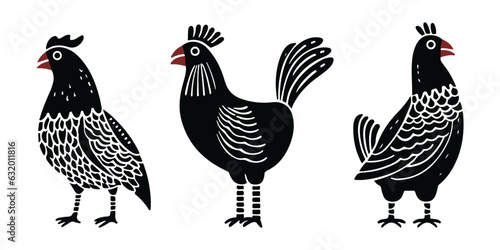 Chicken linocut vector illustration. Pattern for linocut, embroidery, crafts. Hen.