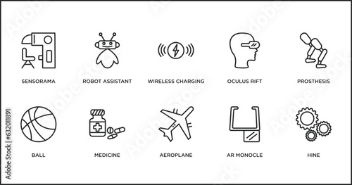 artificial intellegence outline icons set. thin line icons such as wireless charging, oculus rift, prosthesis, ball, medicine, aeroplane, ar monocle vector.
