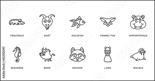 animals outline icons set. thin line icons such as goldfish, fennec fox, hippopotamus, seahorse, boar, racoon, lama vector.