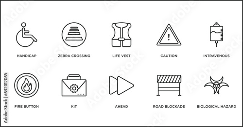 alert outline icons set. thin line icons such as life vest, caution, intravenous, fire button, kit, ahead, road blockade vector.
