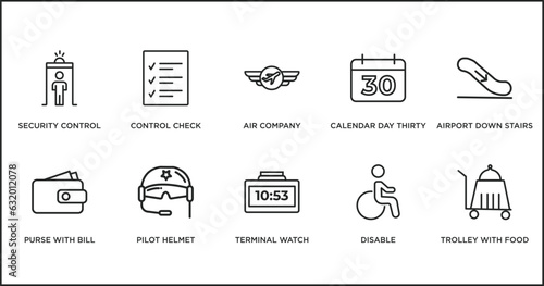 airport terminal outline icons set. thin line icons such as air company, calendar day thirty, airport down stairs, purse with bill, pilot helmet, terminal watch, disable vector.