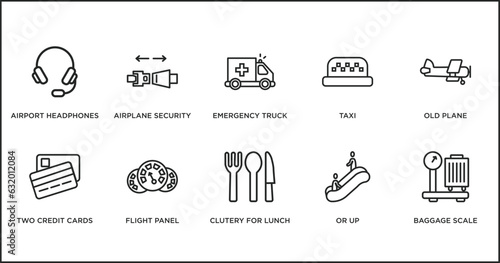 airport terminal outline icons set. thin line icons such as emergency truck, taxi, old plane, two credit cards, flight panel, clutery for lunch, or up vector. photo