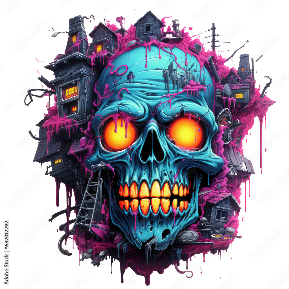 A Halloween haunted house t-shirt design with a neon cyberpunk twist, featuring the haunted house, Generative Ai