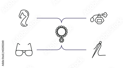 woman clothing outline icons set. thin line icons such as female long black hair, parfum bottle, necklace, rectangular eyeglasses, needle vector.