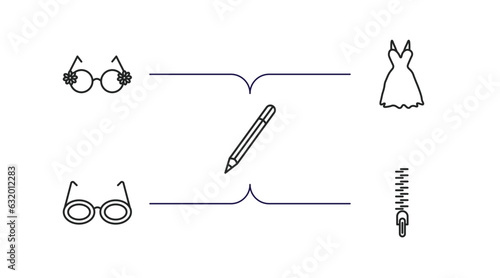 woman clothing outline icons set. thin line icons such as round eyeglasses, lace dress with belt, eyes makeup pencils, glasses for eyes, zip vector.
