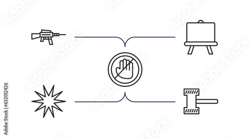 weapons outline icons set. thin line icons such as hine gun, boards, no arms, burst, thor hammer vector.