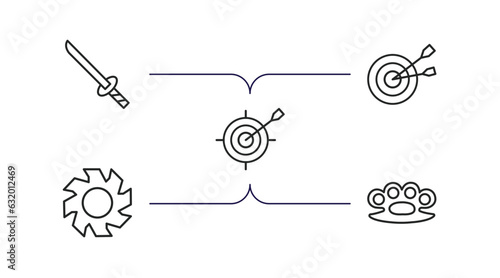 weapons outline icons set. thin line icons such as katana with handle, objetive, dart board game, blade, brass knuckles vector.