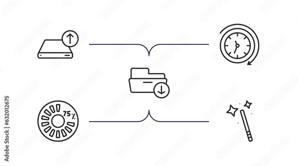 user interface outline icons set. thin line icons such as uploading from drive, anti clockwise, download archive, round loading progress, magic wand button vector. user interface outline icons set. thin line icons such as uploading from drive, anti clockwise, download archive, round loading progress, magic wand button vector.