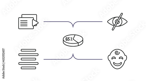 user interface outline icons set. thin line icons such as play files, hidden, percentage chart, justify, smiles vector.