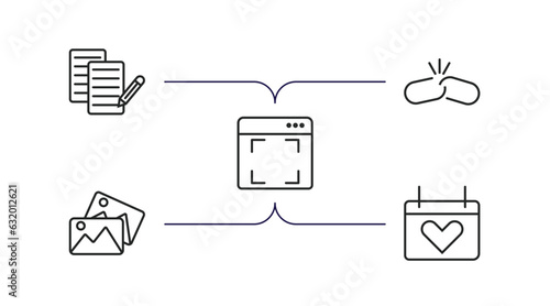 user interface outline icons set. thin line icons such as paper work, disconnected chains, screen in white, image variant, heart on calendar vector.