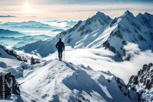 A man standing top of winter mountain landscape generated by AI tool © Muhammad