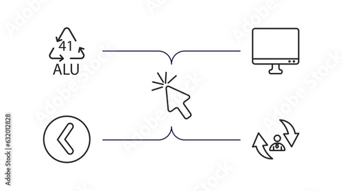 user interface outline icons set. thin line icons such as 41 alu, display, mouse arrow, round left button, repaying vector.