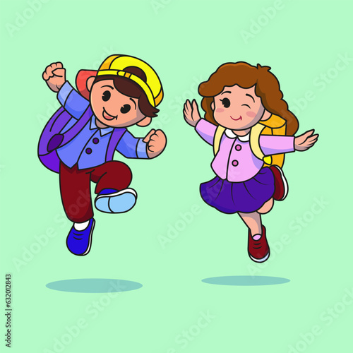 Cute boy and girl have fun going to school. Isolated people education icon concept Premium Vector. flat cartoon style