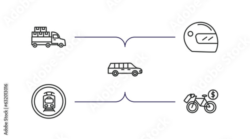 transport outline icons set. thin line icons such as loaded truck side view, motorsport, long car, tram stop label, bicycle rental vector.
