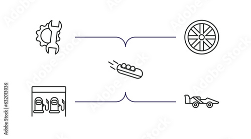 transport outline icons set. thin line icons such as repair, alloy wheel, bobsleigh, petrol station, formula 1 vector.