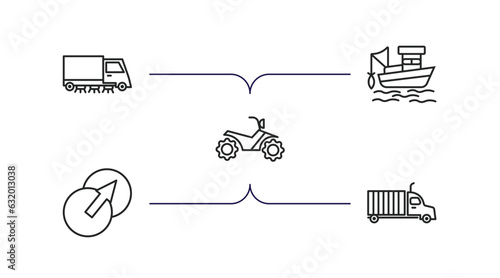 transport outline icons set. thin line icons such as road sweeper, fishing boat, quad bike, transition, trucking vector.