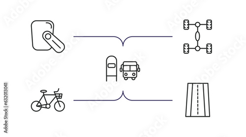 transport outline icons set. thin line icons such as hands free device, chassis, scholar bus stop, bikes, road with broken lines vector.