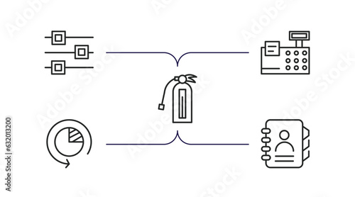 tools and utensils outline icons set. thin line icons such as edit tools, printing calculator, flame extinguisher, time left, telephone agenda vector.