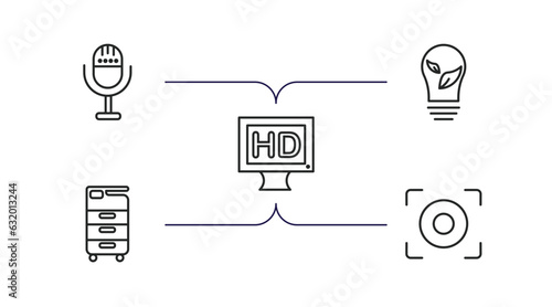 technology outline icons set. thin line icons such as microphone voice, ecologic bulb, hd monitor, office printer, center focus vector.