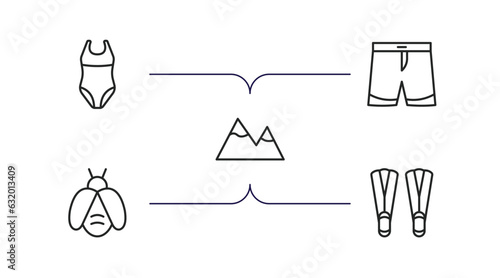 summer outline icons set. thin line icons such as swimsuit, swimming trunks, mountains, firefly, flippers vector.
