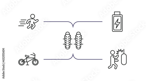 sports outline icons set. thin line icons such as man sprinting, batter, shin guards, race bike, man punching vector.
