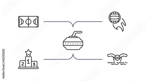 sport outline icons set. thin line icons such as soccer field, volleyball, curling, podium, swimming vector.