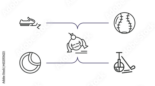 sport outline icons set. thin line icons such as snowmobile sport, softball, sumo, tennis ball, unicycling hockey vector.