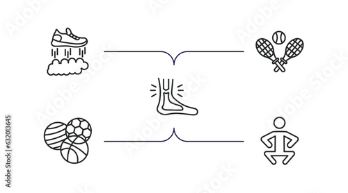 sports outline icons set. thin line icons such as flying shoes, tennis game, sprained ankle, balls, squat vector.