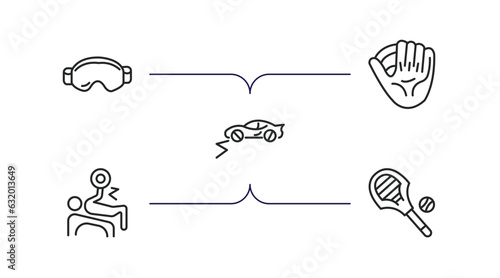 sport outline icons set. thin line icons such as sport goggles, baseball glove, rallycross, powerlifting, lacrosse vector.